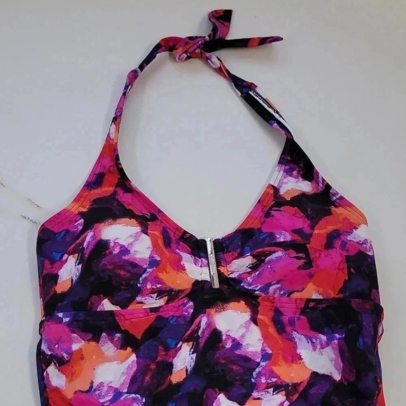 Calvin Klein Women's Graphic Floral Printed Bar Halter Tankini w/ Removable Soft - Picture 3 of 8